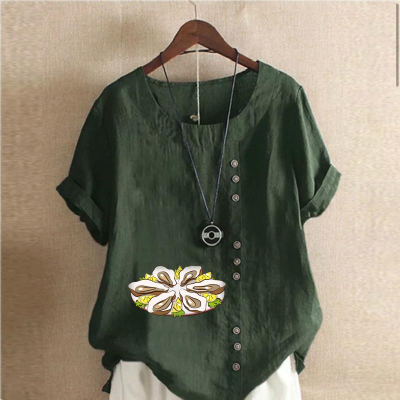 Damen Neues Mode Leinenhemd Rundhals Kurzarm Austern Bedrucktes T-Shirt Sommer Damen Lässige Bluse Tops