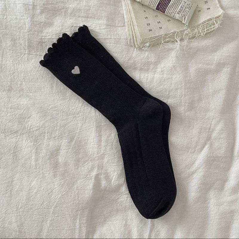Solid Color Lace Double-stitch Simple and Versatile Embroidered Heart-shaped Mid-calf Pile Socks for Women, College-style Long Socks