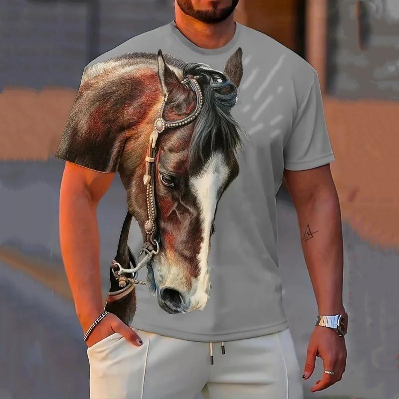 Summer Fashion Men's T-shirt Animal Horse Pattern 3D Print Casual Loose Outdoor Boy Short Sleeve Tees Top Pullover