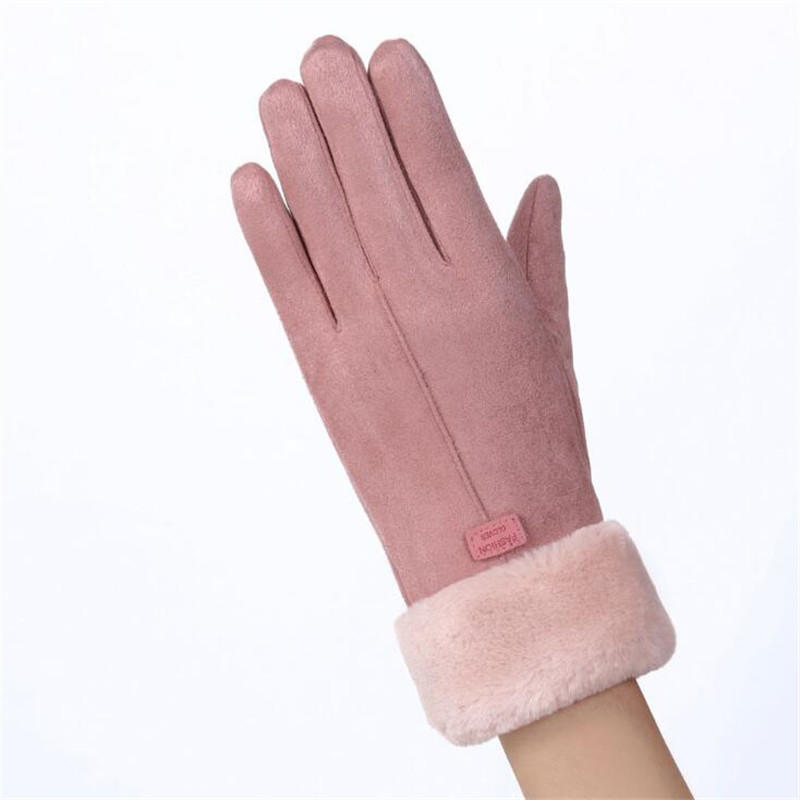 Women’s Winter Warm Touch Screen Gloves Suede Leather Double Thick Velvet Plush Wrist Cycling Driving Outdoor Cold-Resistant Mittens