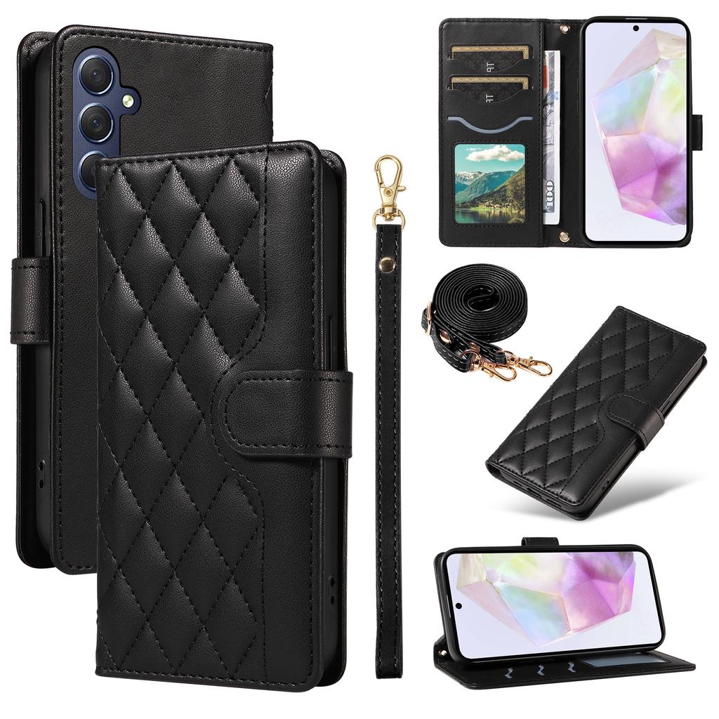 For Samsung Galaxy A35 5G Case Wallet Rhombus Leather Phone Cover with Shoulder Strap,Wrist Strap