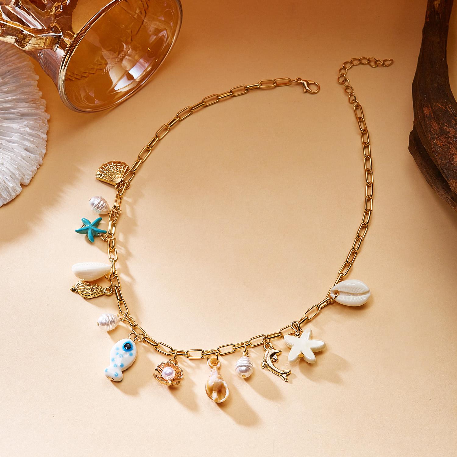 

Ceramic Fish Starfish Shell Imitation Pearl Necklace Summer Beach Style Fashion Accessory Vacation Gift Daily Accessory