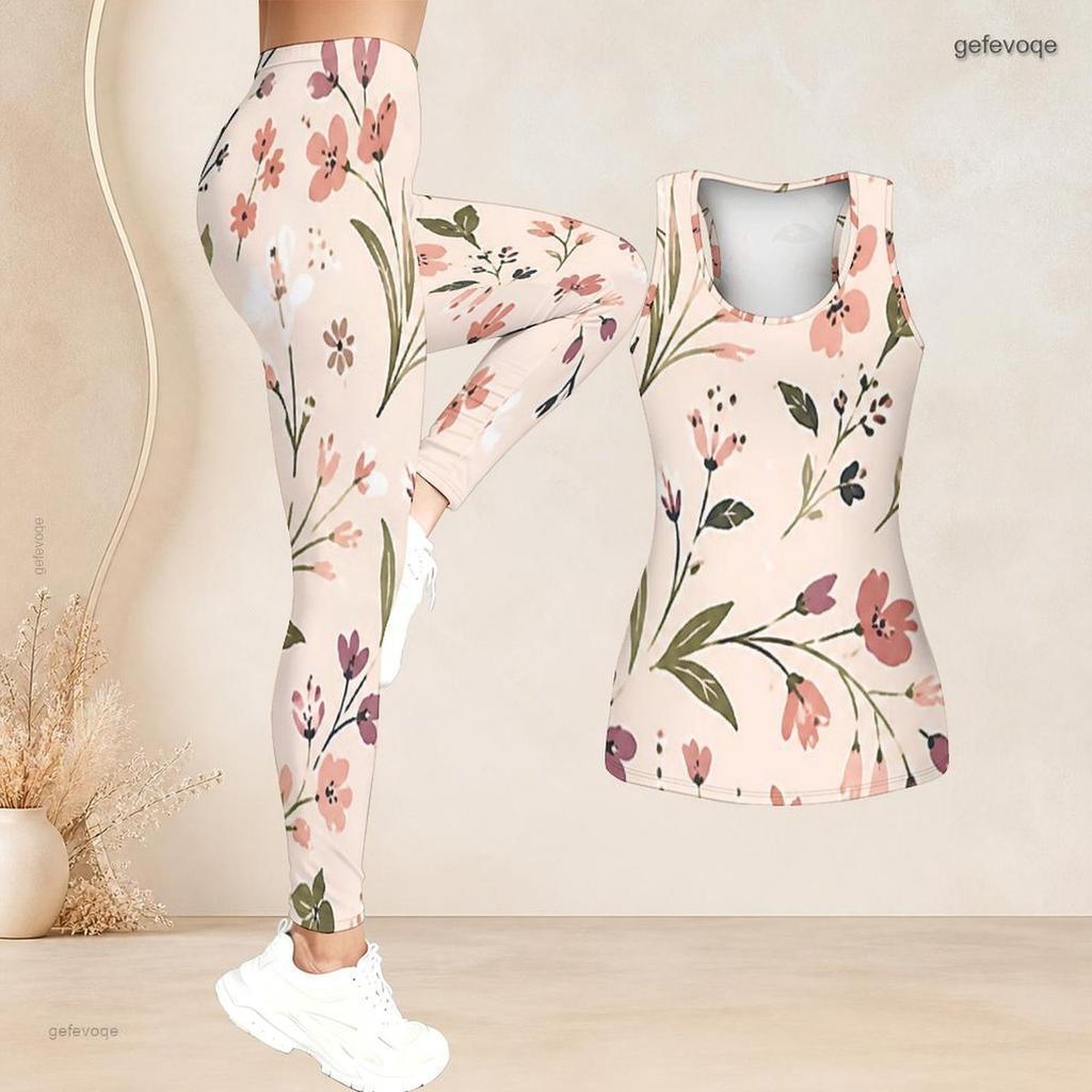 Women Plus Size Two Piece Set Scoop Neck Sleeveless Floral Printed Tank Top And Fitted Pants