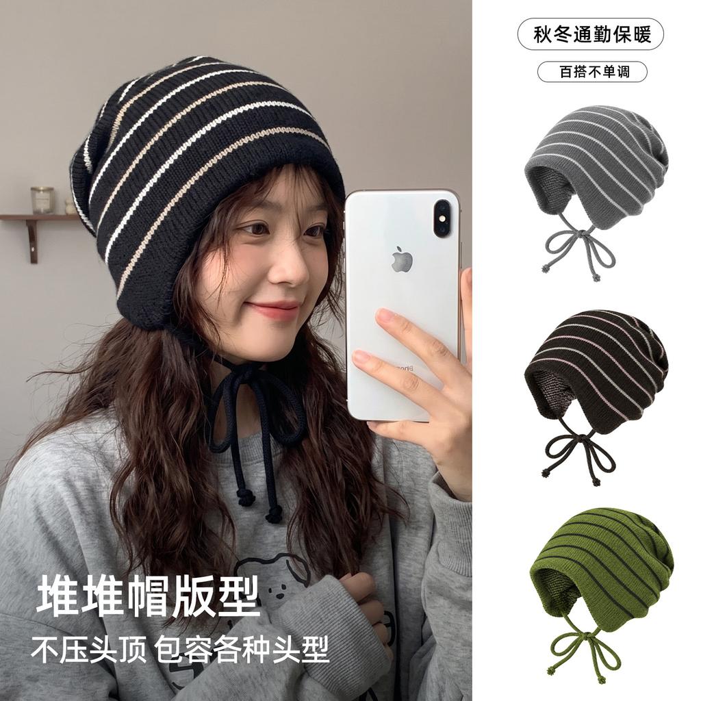 Autumn and winter versatile warm color matching knitted hats men's and women's confinement hats casual striped color matching cold hats stacking hats