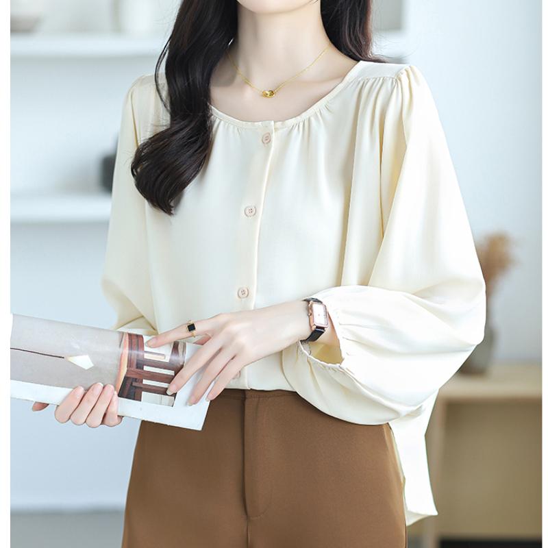 New Fashion Lantern Sleeve Loose Casual Blouse Women Single Breasted Elegant Solid Vintage Shirts Women Tops Round Neck Plus Size Ladies Blouses 26335