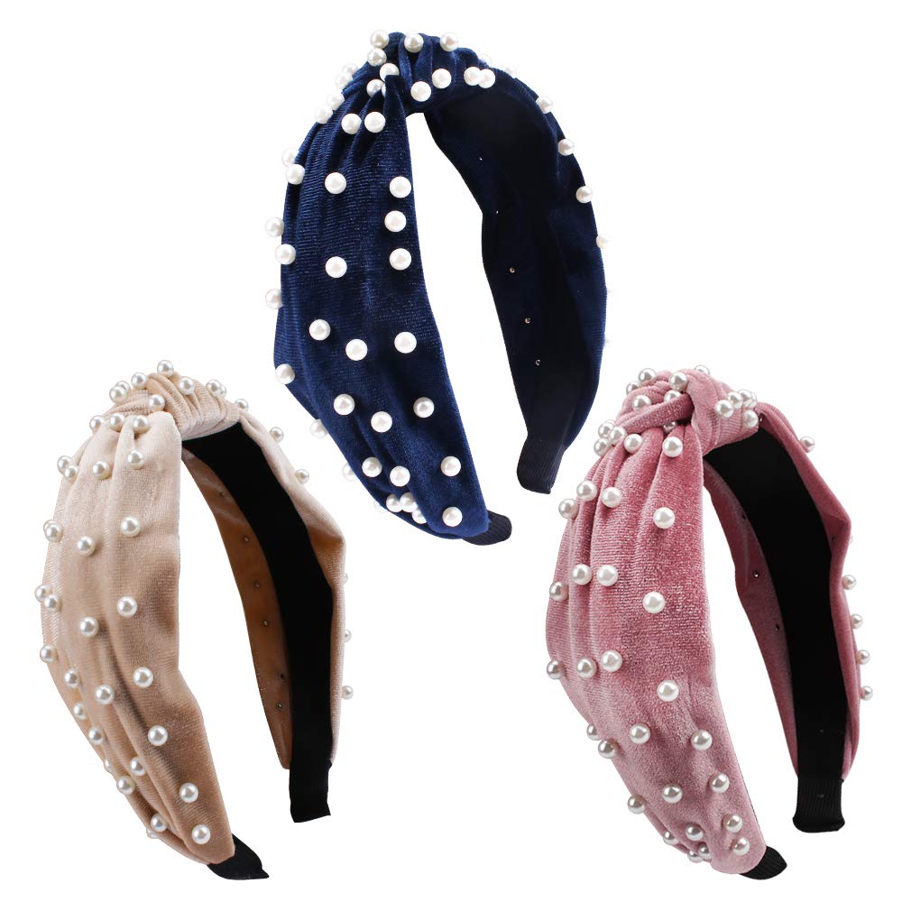 Pearl Knotted Headband, 3 Pcs Velvet Knotted Headbands for Women Workout Headbands for Women Hair Bands for Women s Hair