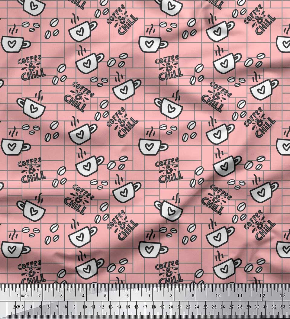

Soimoi Pink Japan Crepe Satin Fabric Coffee & Chill Text Print Швейная ткань метр 42 дюйма 42 Inch Wide - Poly Crepe розовый