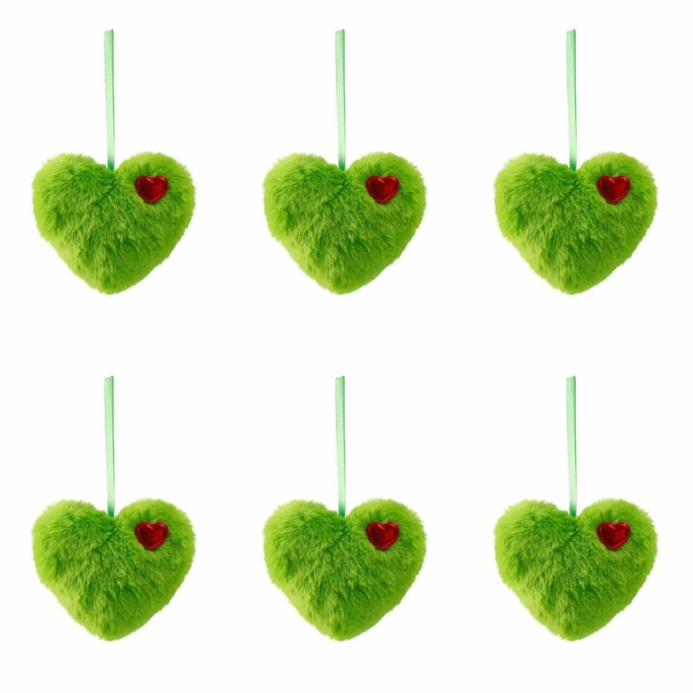6pcs Colorful Fluffy Heart Christmas Balls Ornaments Handmade Bag Charms Green Furry Elf Balls Pendant with Red Hearts
