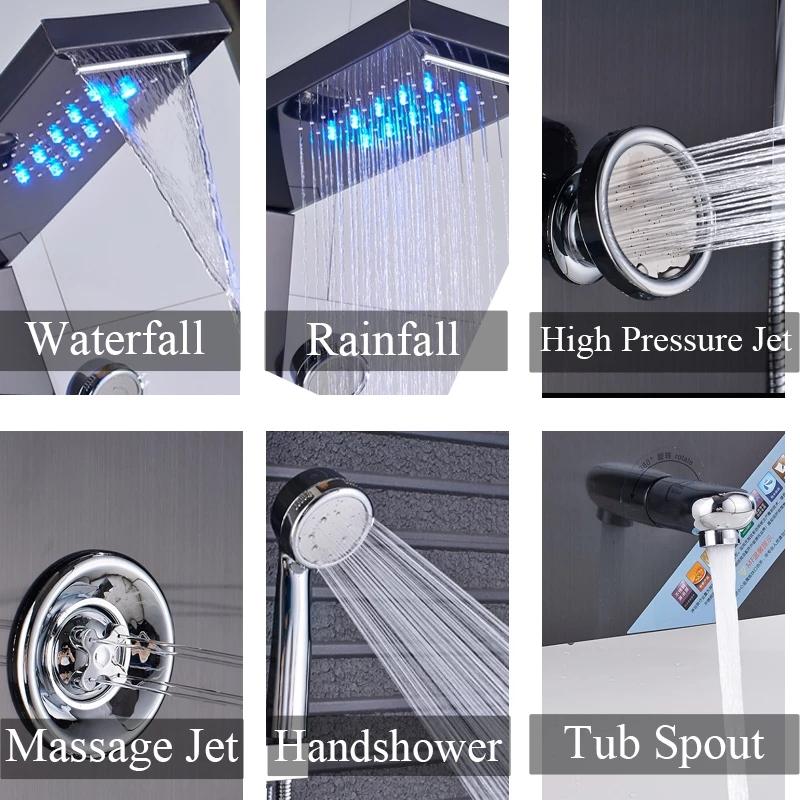 Digital Display Rainfall LED Light Shower Panel Shower Bathroom Black SPA Massage Jet With Handshower Bidet Sprayer Shower Tap