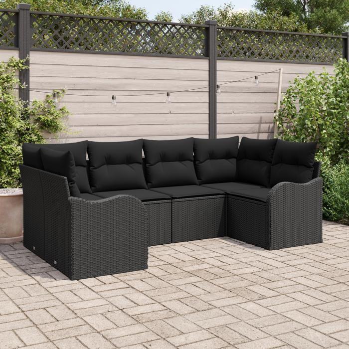 Ensemble canapé jardin vidaXL 6 pièces avec coussins noir poly rattan, Sofa jardin 2 places vidaXL avec coussins noir poly 3345843
