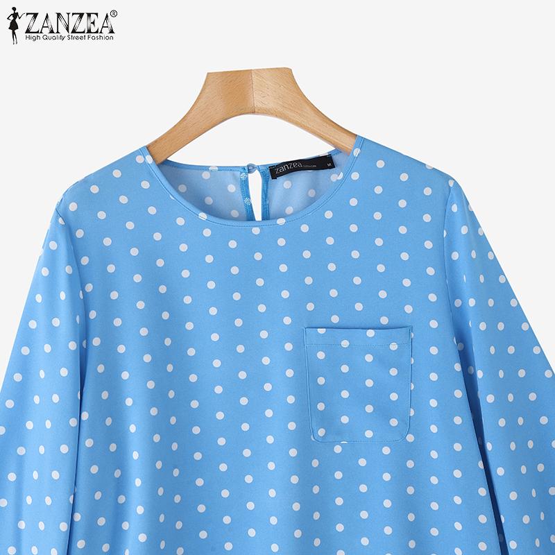 ZANZEA Women Casual Round Neck 3/4 Sleeve Polka Dot Print Loose Blouse