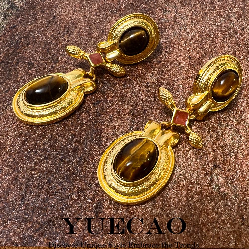 Vintage Französische Antike Gold Tigerauge Stein Ohrringe