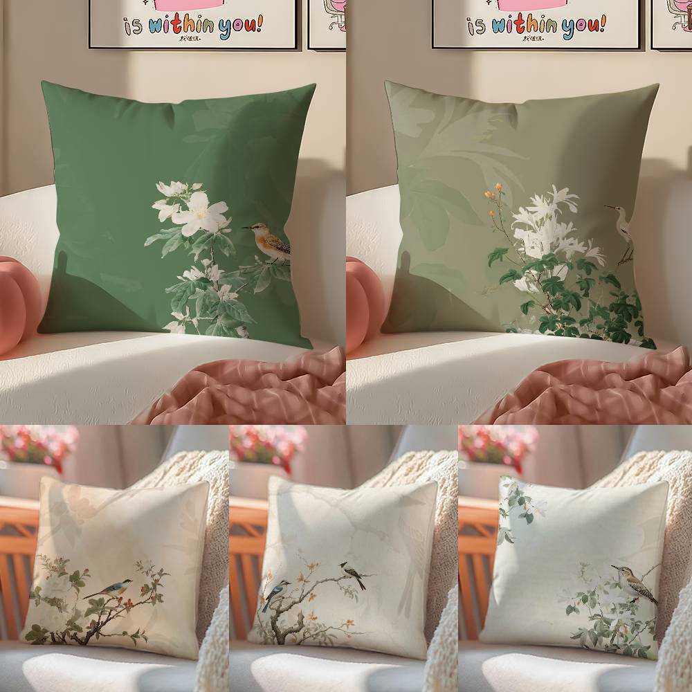 Chinese Style Simple Bird Flowers Pillow Case Comfort Sofa Bed Silky Elegant Invisible Zipper Decorative Cushion Cover