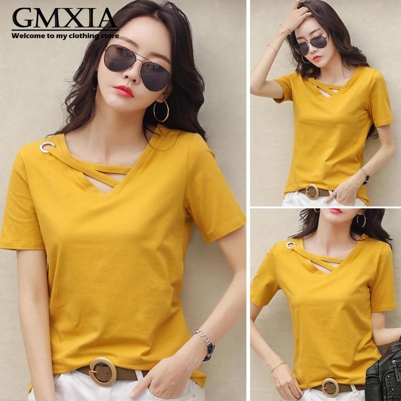 GMXIA Women's Fashion Casual Leisure Solid Color Print Short Sleeve V Neck Blouses & Shirts