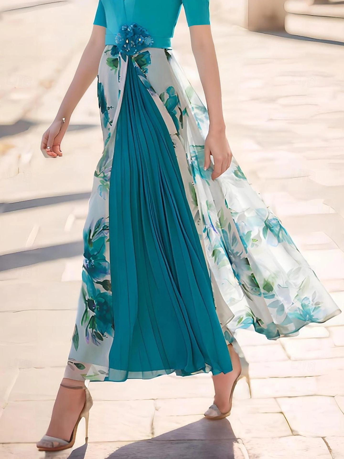 Elegant temperament floral pleated V-neck long dress women s summer new slim A-shaped dress S