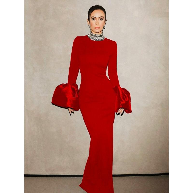 

Платье-бандаж новое круглый вырез клепки рукав-рог темперамент талия длинный рукав женское открытое длинное платье XL красный