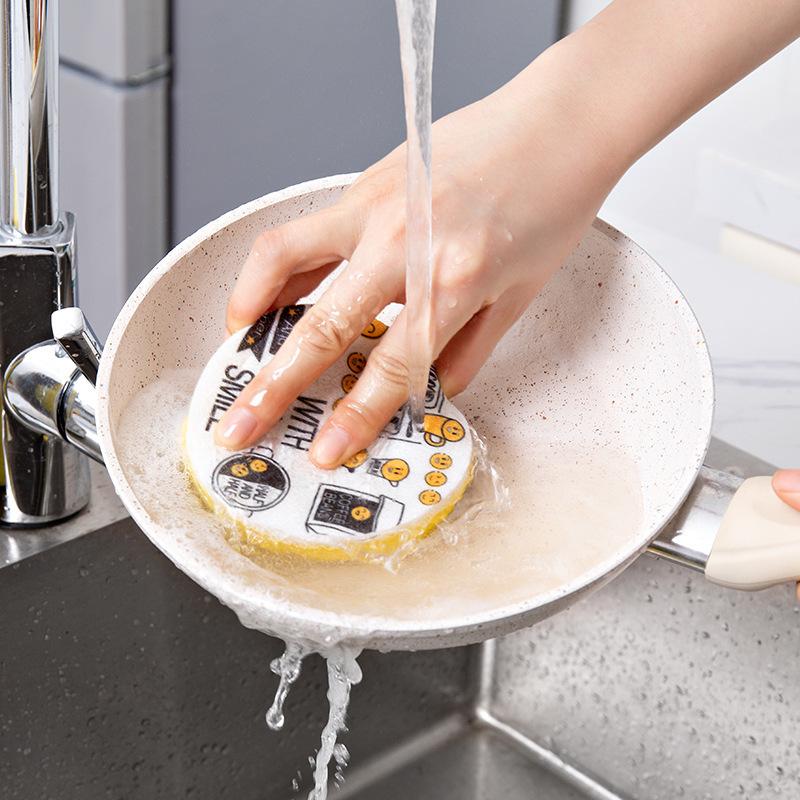 4pc Cartoon Smiley Face Dishwashing Sponges Kitchen Double-sided Scouring Pads Household Pot Washing And Bowl Cleaning