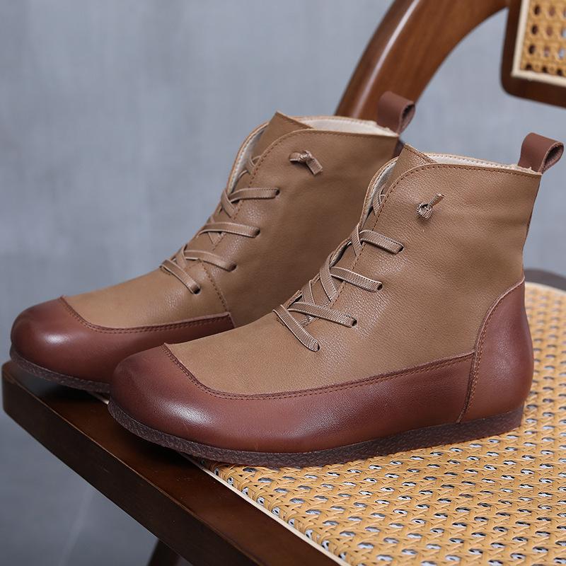 2023 Fall/Winter Retro Women's Round Toe Cowhide Boots - Warm, Velvet-Lined, Flat Sole, XL Size