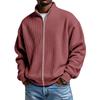 Mens Grey Waffle Knit Zip-Up Jacket Stand Collar Loose Fit Long Sleeve Casual Solid Color Top