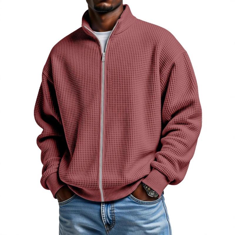 Mens Grey Waffle Knit Zip-Up Jacket Stand Collar Loose Fit Long Sleeve Casual Solid Color Top