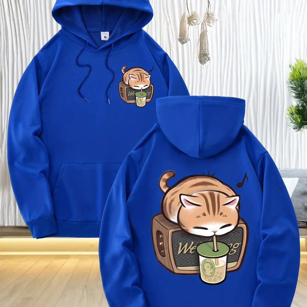 2025 kusů pánských módních mikin s kapucí, s roztomilými potisky spící kočky, z měkkého polyesterového materiálu, přední kapsa s kang