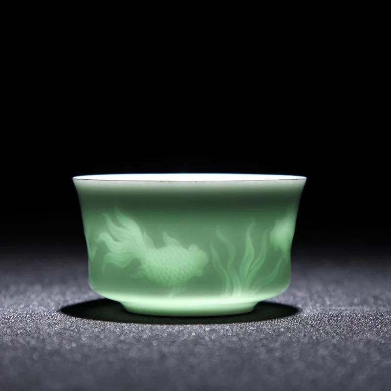 Ceramic Hand-Carved Lotus Dragon Teacup Jingdezhen Celadon Master Tea Cups 100ML