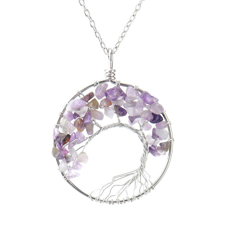 

Natural Stone Irregular Tree Of Life Necklace Pendant Amethyst Wrapped Wisdom Tree Necklace Colorful Gravel N02 аметист