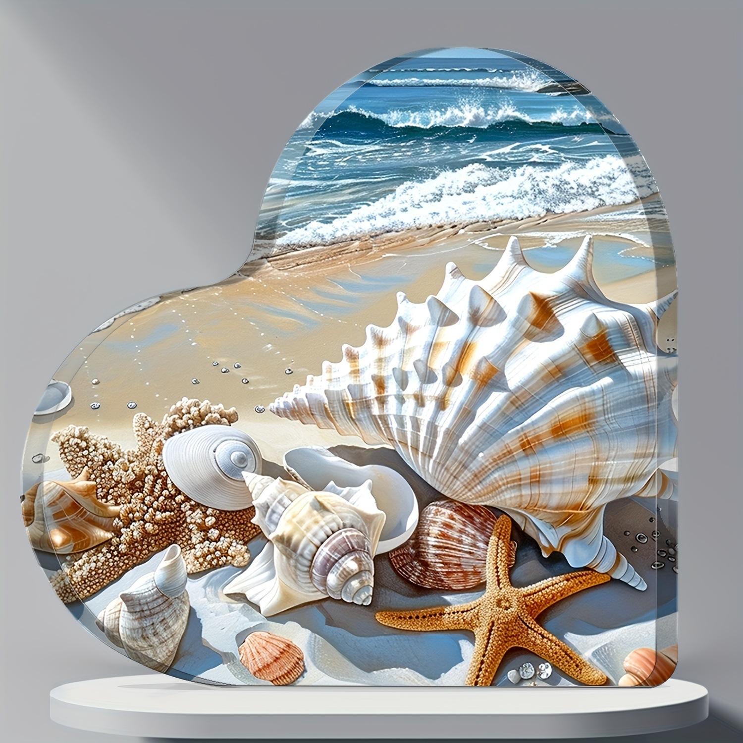 Handcrafted Coastal View, Heart Shape Acrylic Desktop Ornament, Four Seasons Decoration, Novelty Home Decor, Perfect Durable for Bedroom, Store 10*10cm