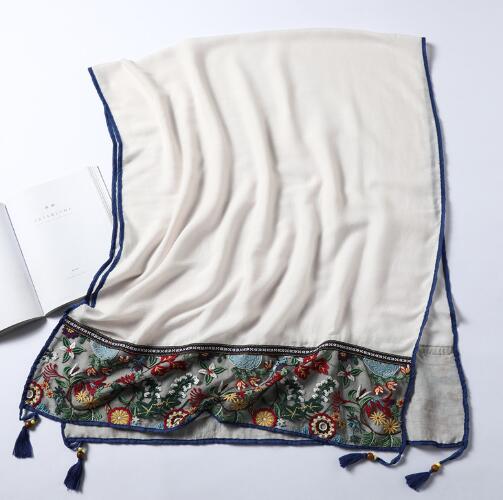 Vintage Cotton and Linen Scarves Solid Colors and  All Matching Shawls Long Wood Bead Tassel Muslim Headscarf Embroidery Scarves