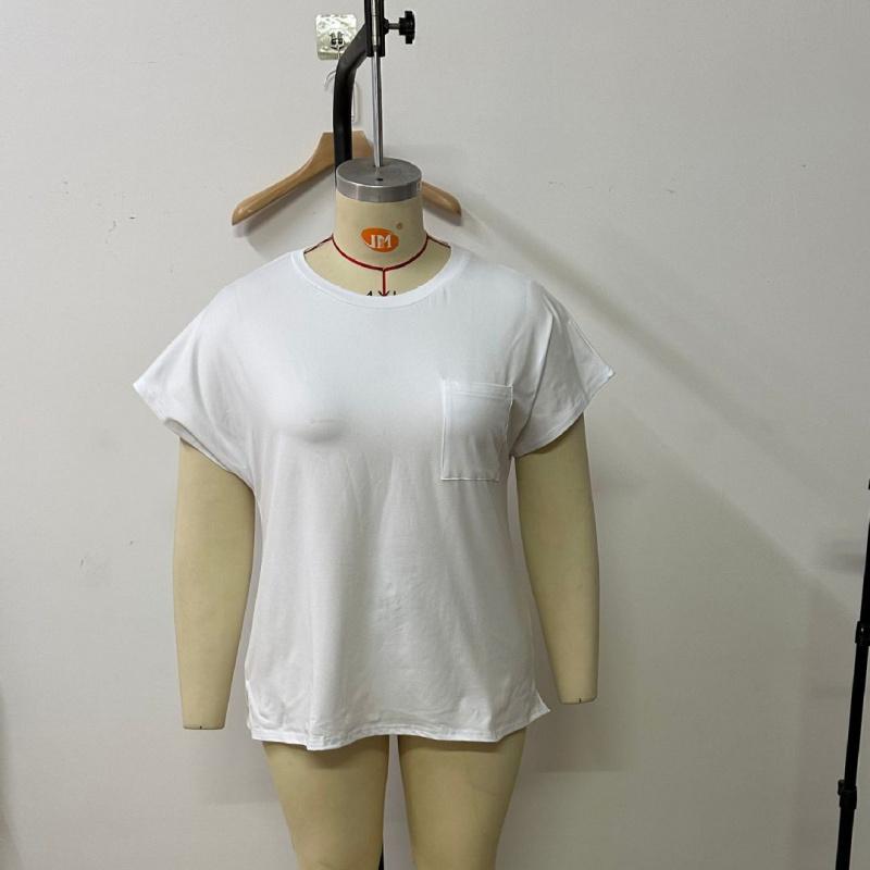 2026 Summer New Women's Solid Color Round Neck Pocket T-Shirt, Loose Casual Side Slit Short Sleeve