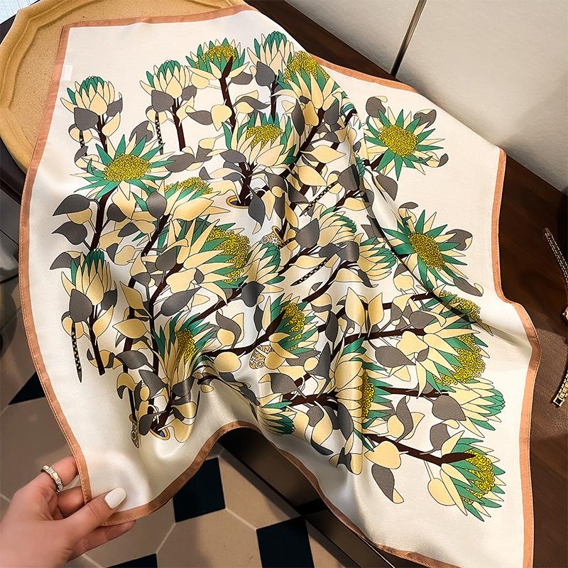 Niche new spring 100% mulberry silk scarf women s design floral printing plain crepe satin 53 silk scarf 53cm