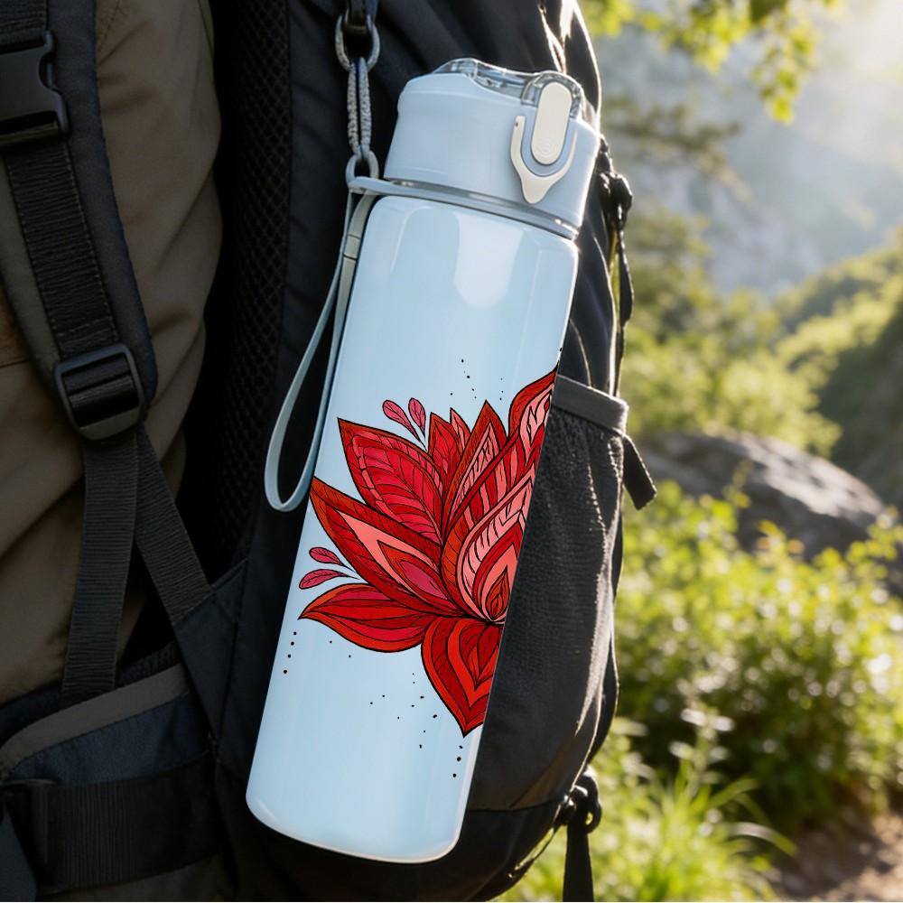 1PC Red Lotus Flower Mandala 750ml Color Plastic Sports Water Bottle Leakproof Flip Straw Lid Suitable for Sports Office Home Use