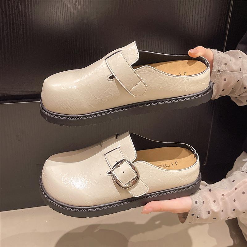 Retro style simple belt buckle bag head slippers women's autumn half drag fashion one pedal commuter thick-soled love slippers