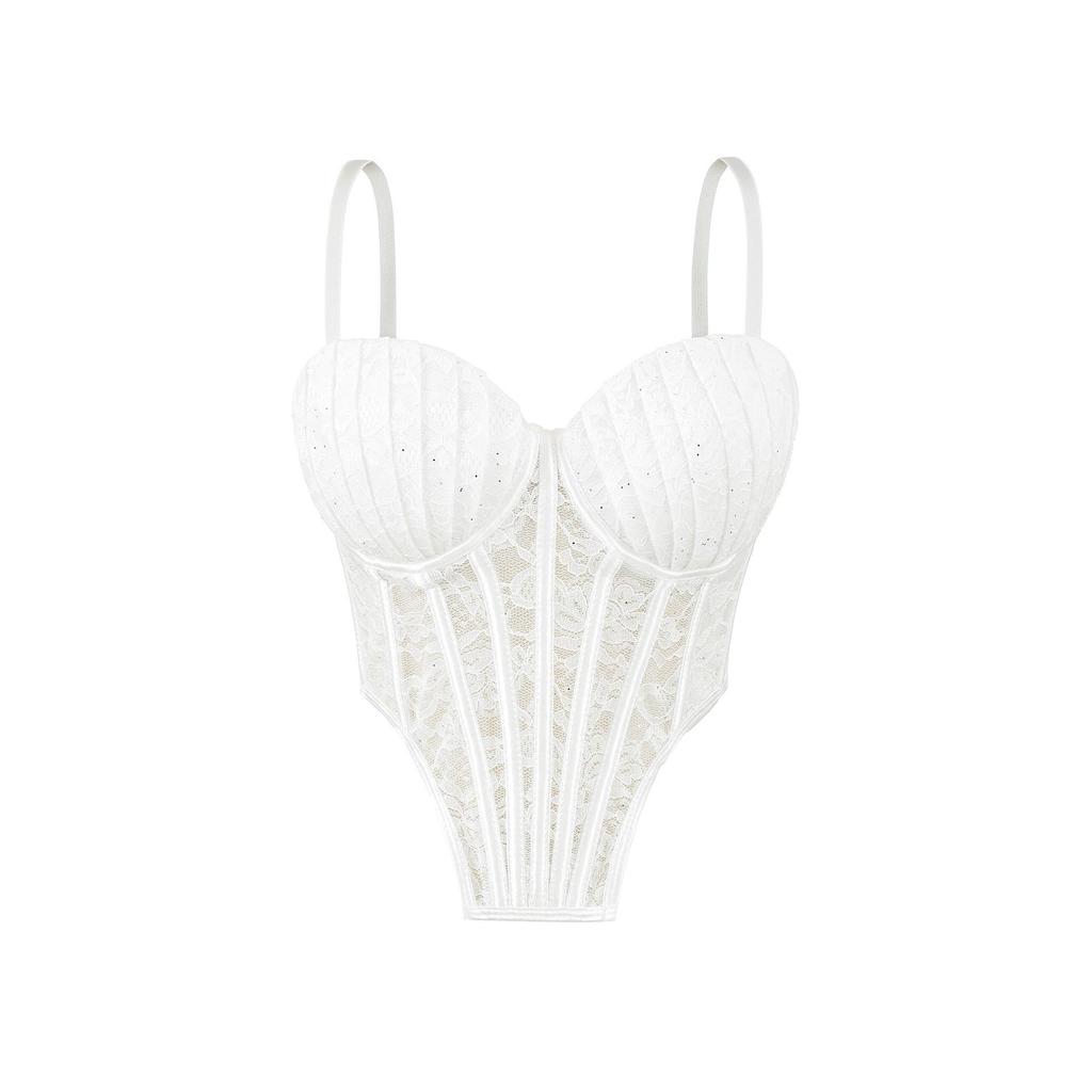 Elegant Lace Mesh Fishbone Spliced Sleeveless Camisole Crop Top for Women