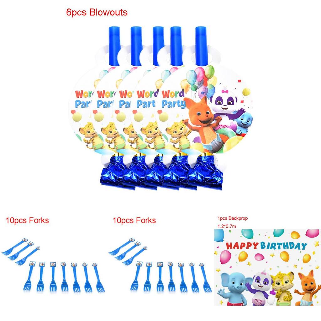 Entzückendes Wortparty-Themenparty-Zubehörset mit bunten Tellern, Bechern und fröhlicher Geburtstagsdekoration