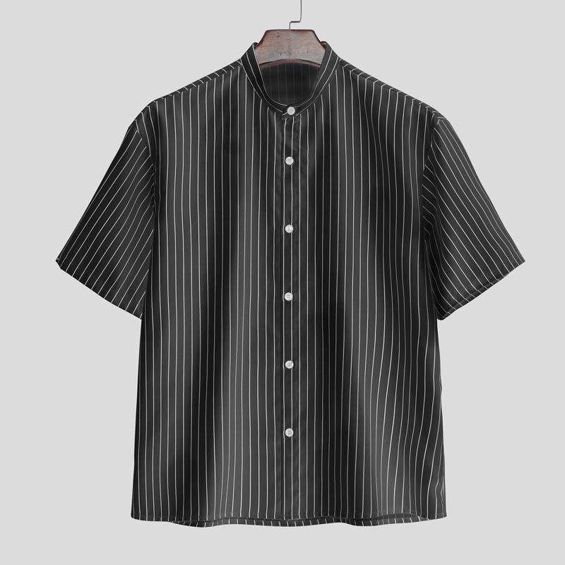 INCERUN Men Short Sleeve Henley Shirt Striped Loose Casual Tops