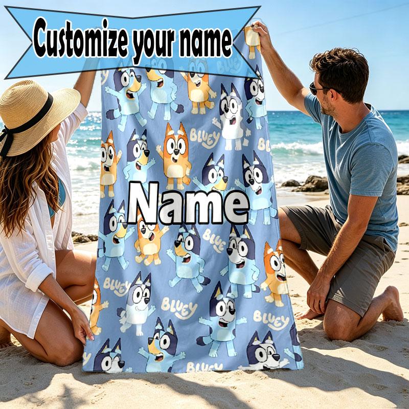 Custom Name Personalized Bluey Print Beach Towel, for Trip Camping Beach Party Home Decor, Birthday Gift for Family & Friends