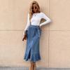 Women Elastic High Waist Bandage  A Line Ruffles Jean Denim Skirt