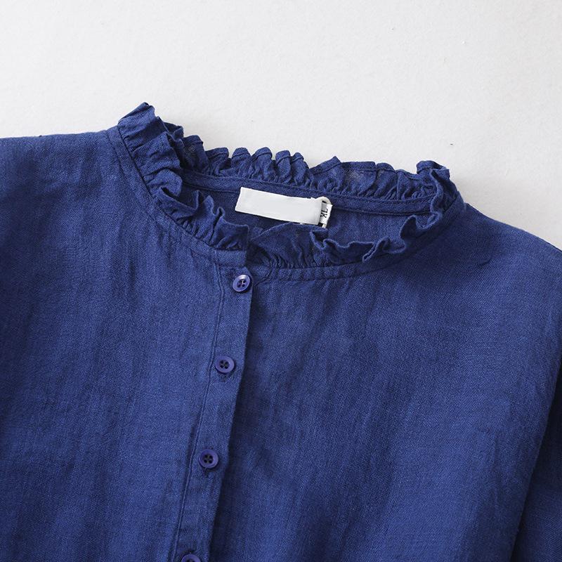 2025 Early Autumn Women's High-End Cotton Linen Ruffle Collar Mid-Length Dress - Light Luxury & Slimming Fit