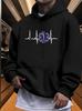 Casual Fleece Hoodie with Medical Cross & Heartbeat Graphic Print - Black with White & Purple Accents