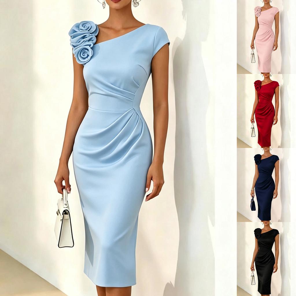 Women's Elegant Long Sleeve Color Floral Embellished Pleated Waist Formal Dress