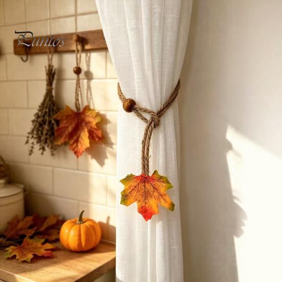 Autumnal Window Treatment Hardware Maple Leaf Curtain Tieback, Autumn Farmhouse Holder, Rustic Fabric Straps Decorative Drapery Holdback for