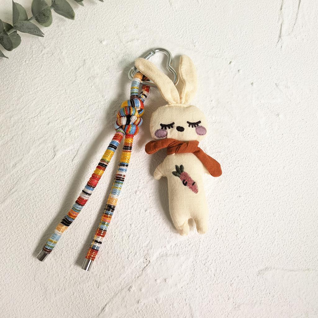 Handmade Fabric Rabbit Keyring, Linen Bunny Pendant with Carrot Embroidery & Multicolor Cord,Sleeping Bunny Keychain, Cute Plush Charm