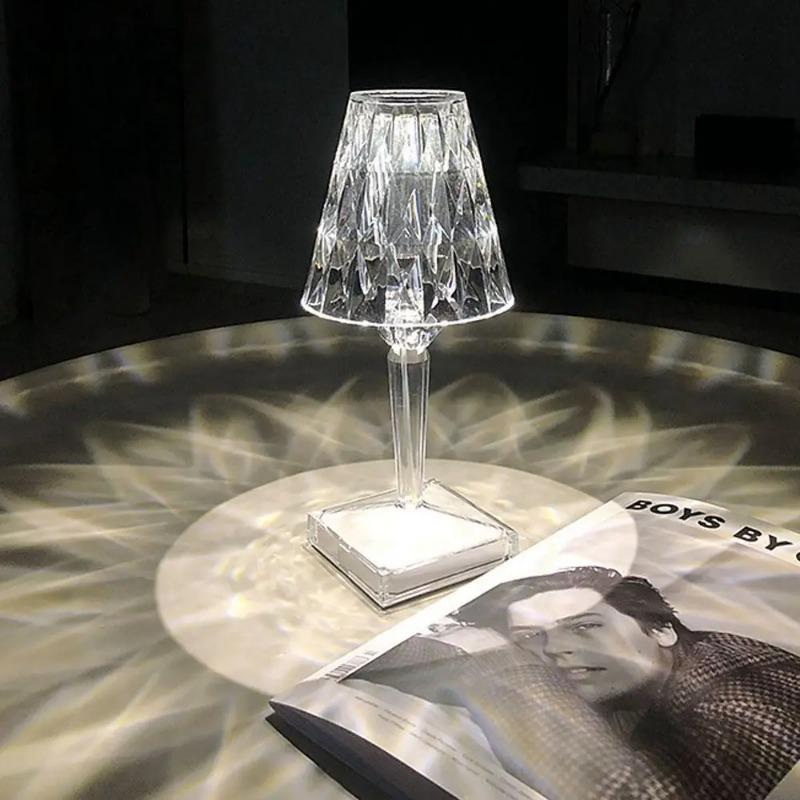 Portable Modern Acrylic Diamond Table Lamp with Crystal -Wireless Night Light for Bedroom Decor and Desk Use Including Lampshade