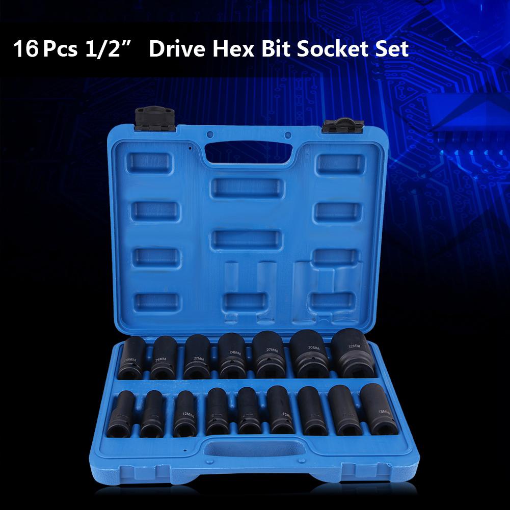 16Pcs 12" Inch Drive Air Hex Bit Socket Set Repair Tool Kit 10MM32MM