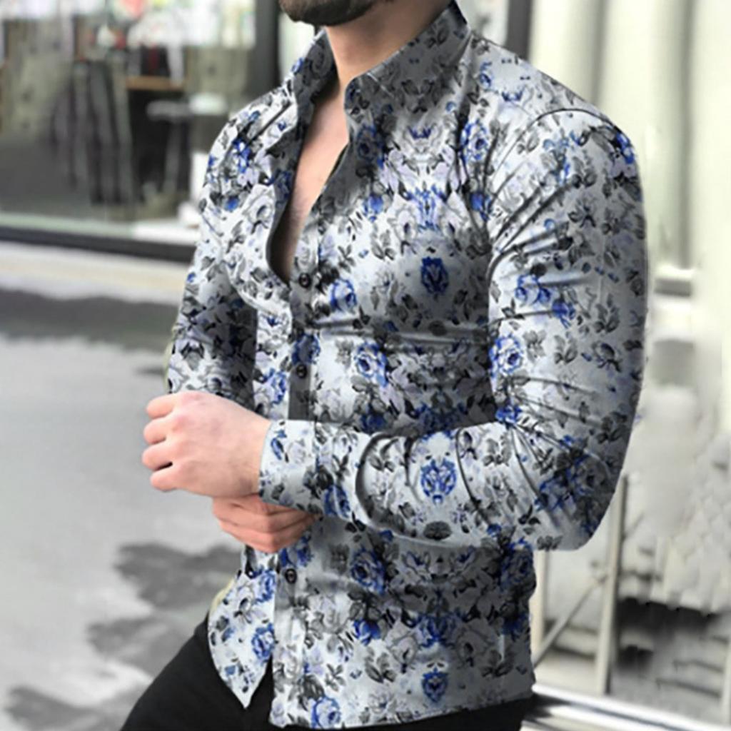 Men's Floral Print Long Sleeve Shirt, Slim Fit, Trendy Casual Wear