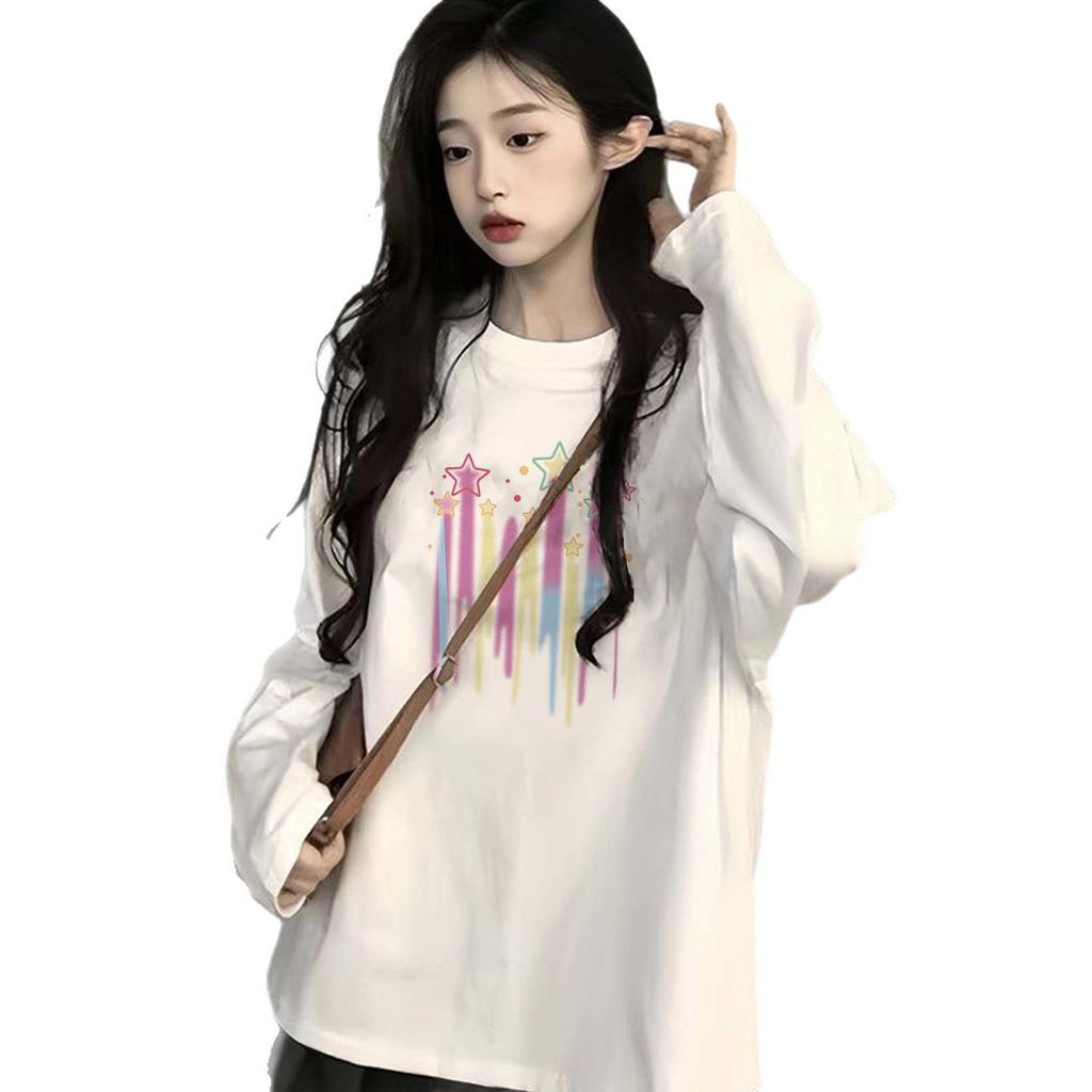 Women's Versatile Cotton Long Sleeve Crew Neck Printed Top - Loose Fit for Spring and Autumn 2025
