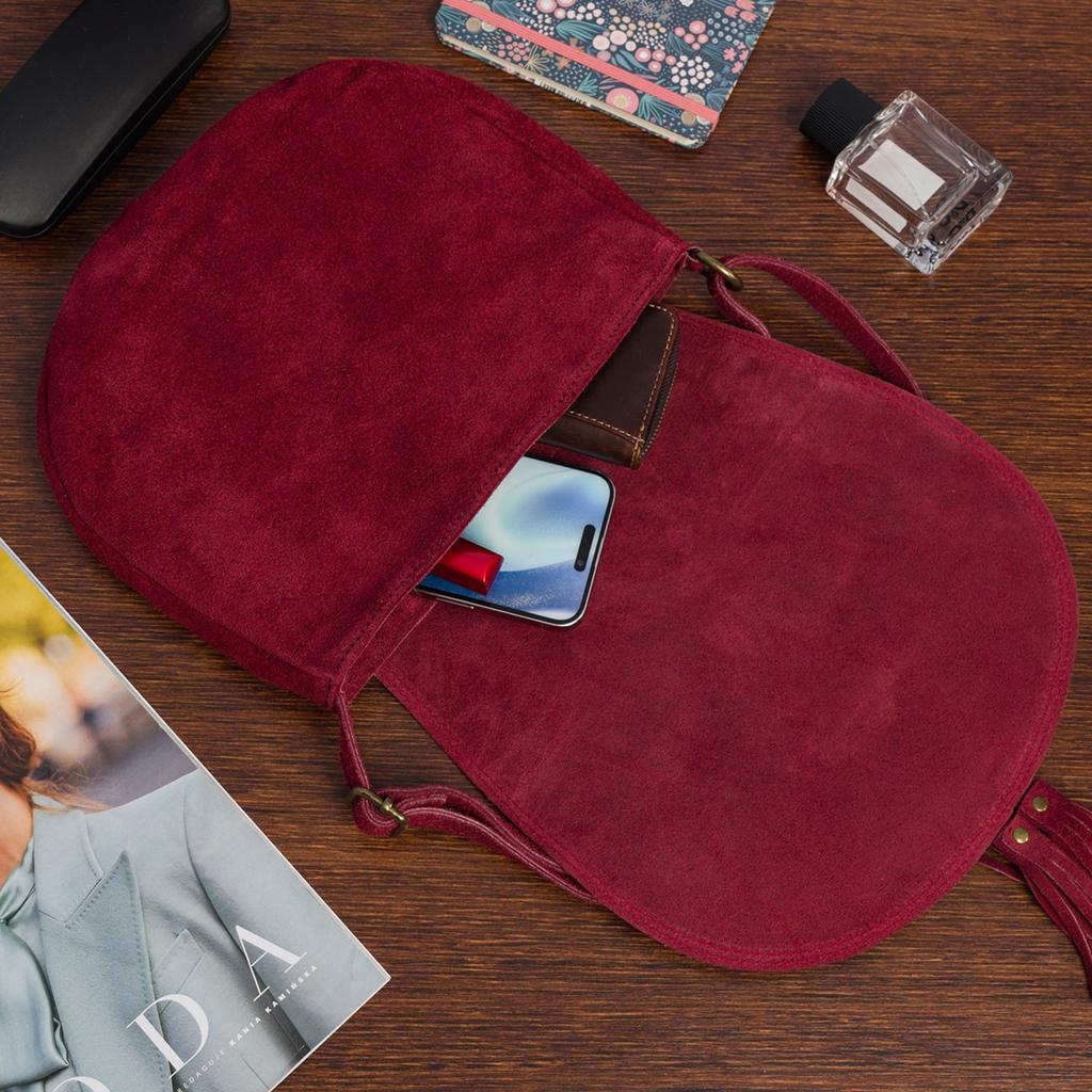 Suede Saddlebag Messenger Bag for Women Italian Leather Soft Burgundy B66