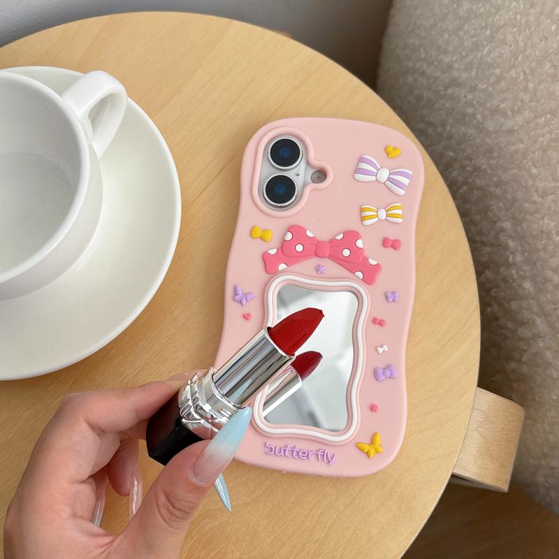 Cute 3D Butterfly Bow Case for iPhone 17 Pro Max 12 13 14 15 16 Plus 16E Soft Silicone Makeup Mirror Cover