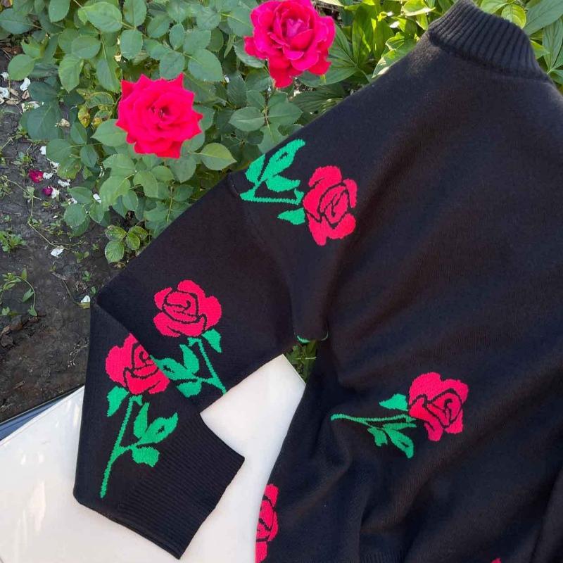 Herbst Rundhals Rose Print Gestrickte Pullover Frauen Winter Neue Mode Lose Pullover Pullover Weibliche Vintage Elegante Warme Casual Strickwaren Tops 24647